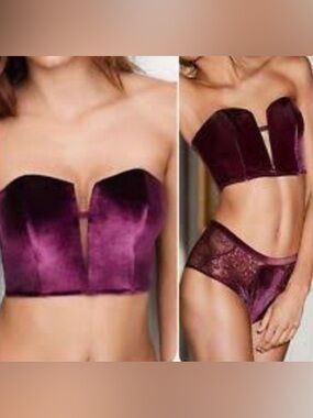VICTORIA SECRET Velvet Lace Plum Lingerie set Top AND  High waist Bottoms Sz M